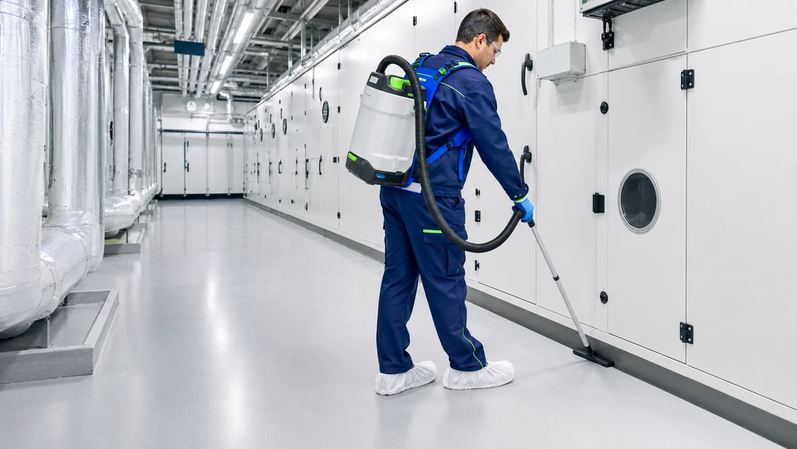 Illustration. A technician wearing a backpack vacuum unit works a floor tool along the base of a row of white equipment cabinets in a plant corridor, with insulated pipework running along the opposite wall.