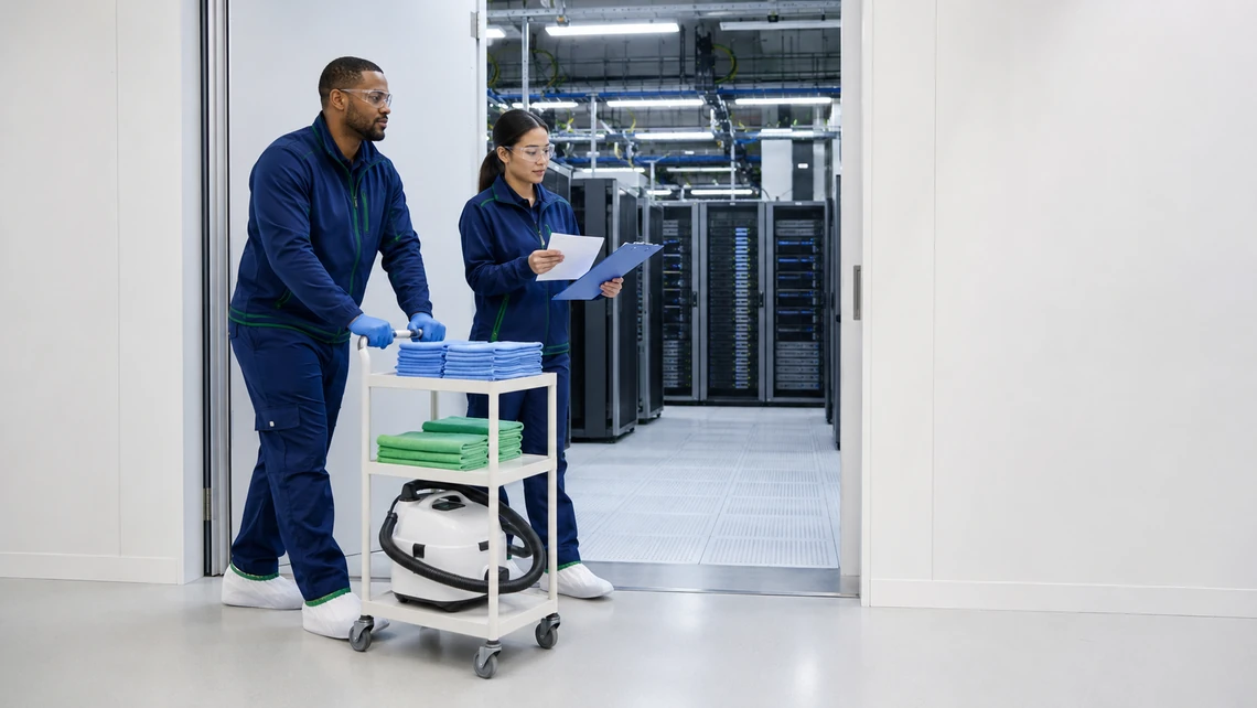 Illustration. Two technicians bring a supply cart through the door of a data hall. The cart carries folded microfiber cloths and a canister vacuum; one technician is reading from a clipboard, and rows of cabinets are visible in the hall beyond.