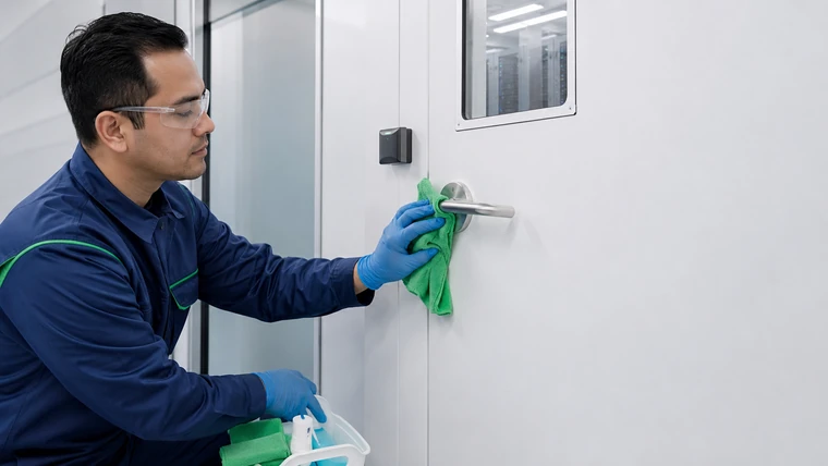 Illustration. A technician wipes the handle and face of a white access door with a microfiber cloth, holding a caddy of bottles and folded cloths. A card reader is mounted on the wall beside the door, and a viewing window shows cabinets in the room beyond.