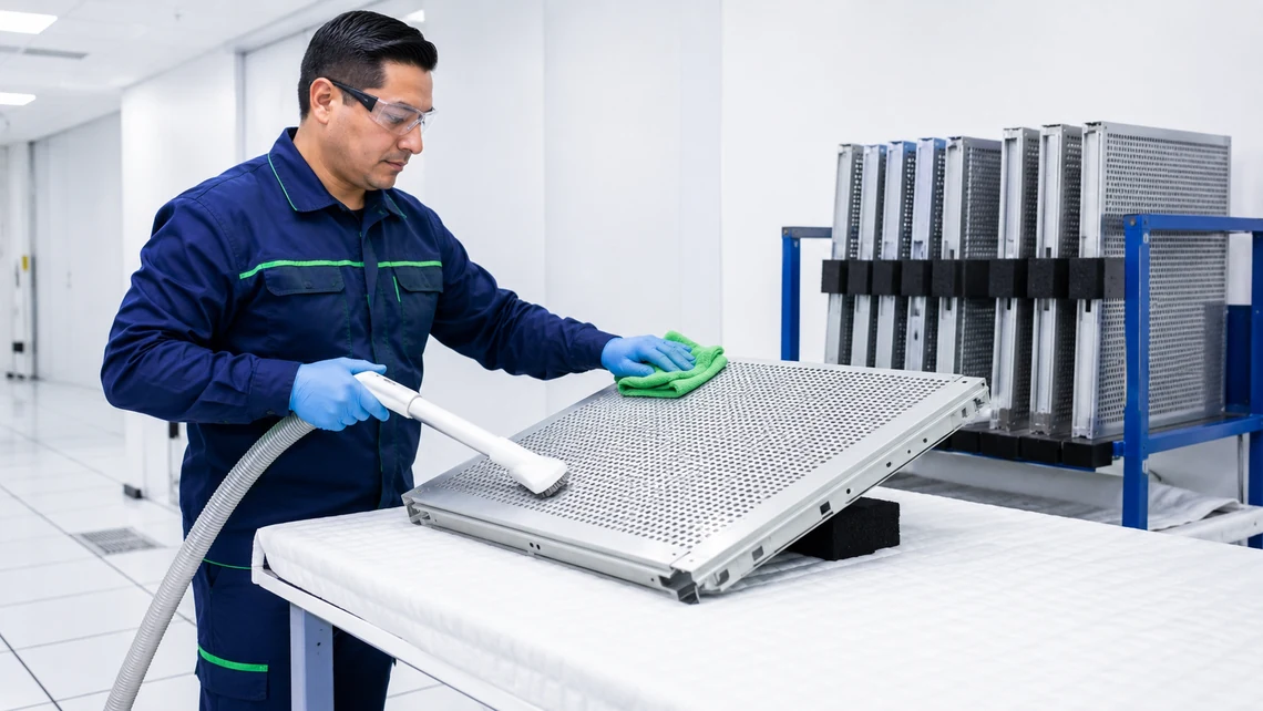 Illustration. A technician vacuums a lifted perforated airflow tile laid face-up on a padded work table, brushing one hand across it with a microfiber cloth. A rack of further tiles and filter frames stands behind.