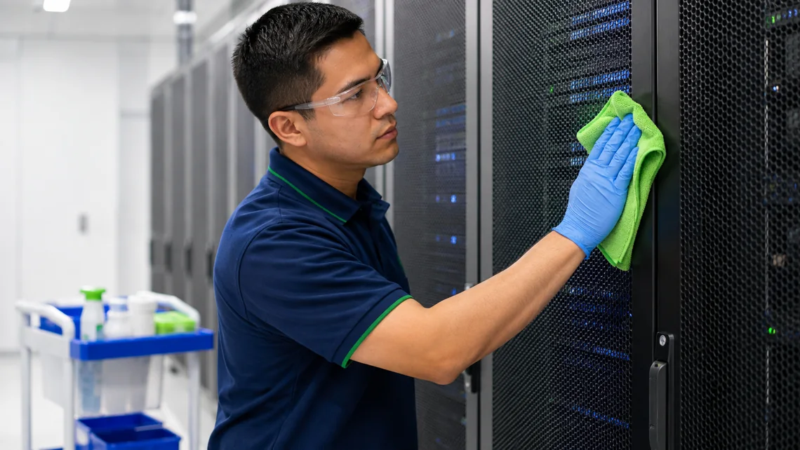 Illustration. A technician in safety glasses and gloves wipes the perforated front door of a server cabinet with a folded microfiber cloth, working across the face of the door. A supply cart with bottles and cloths stands in the aisle behind.