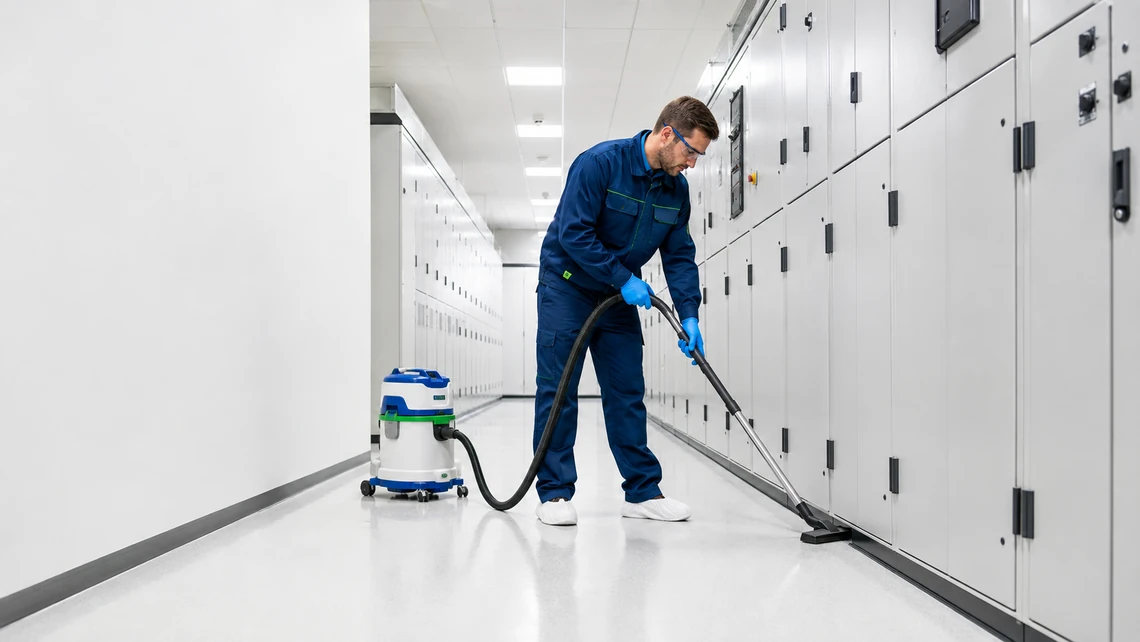 Illustration. A technician vacuums the floor edge where it meets a long run of white electrical cabinets in a support room, using a canister vacuum and a floor tool held against the base of the cabinets.