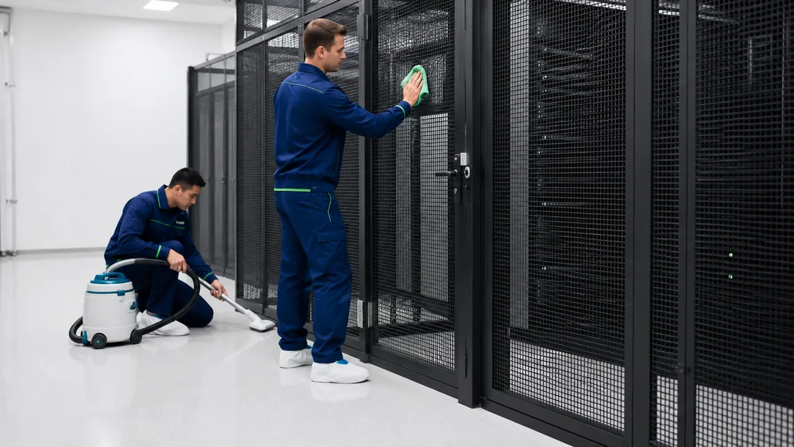 Illustration. Two technicians work the same run of mesh cage doors: one standing, wiping a door panel with a microfiber cloth, the other crouched behind him vacuuming the floor at the base of the cage with a canister unit.